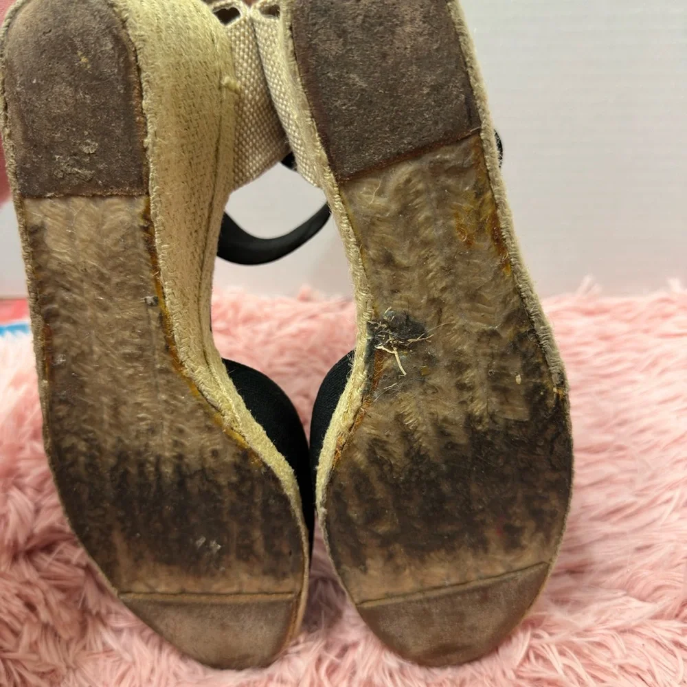 LAUREN Ralph Lauren Charla Espadrille Wedge Sandals Black & Tan‎ Womens Size 9B
